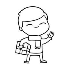 cartoon smiling boy with gift