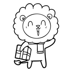 laughing lion cartoon with christmas present