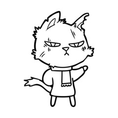 tough cartoon cat in winter scarf