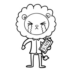 cartoon crying lion with clipboard