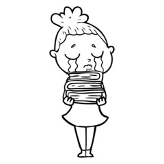 cartoon crying woman with stack of books