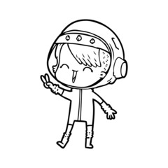 happy cartoon space girl giving peace sign