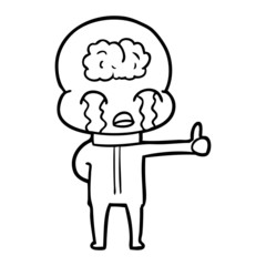 cartoon big brain alien crying but giving thumbs up symbol