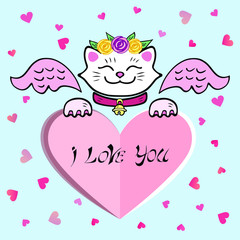 Cute I Love You Card with white Cat, pink wings, sweet heart. Template for St. Valentine's Day/invitation/party/Mother day/birthday/baby birth/greetings card. Japanese Maneki Neko white cat.