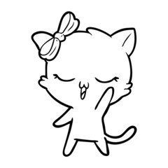 cartoon cat with bow on head waving