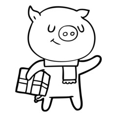 happy cartoon pig with christmas present