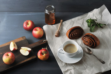 morning coffee - coffee and bread rolls with poppy seeds, apples and honey