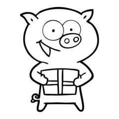 cheerful pig with christmas gift