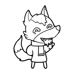 cartoon hungry wolf in winter clothes
