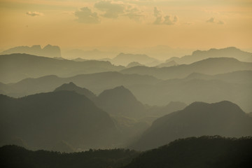 Misty mountain forest landscape in the evening. Tak , Thailand 