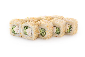 Sushi rolls with smoked chicken, nori, sesame on a white background isolated