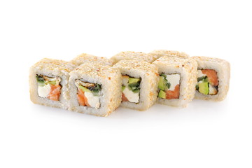 Sushi Tokyo with eel, salmon, cheese, avocado, Unagi sauce, sesame, nori on a white background isolated