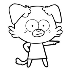 nervous cartoon dog in dress pointing
