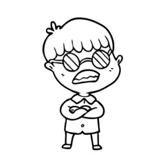 cartoon boy with crossed arms wearing spectacles