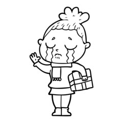 cartoon crying woman with christmas gift