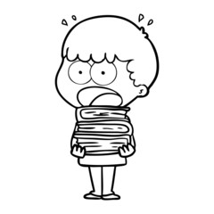 cartoon shocked boy with stack of books