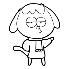 cartoon tired dog wearing winter clothes