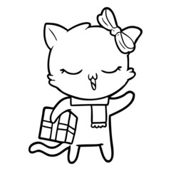 cartoon girl cat with christmas present