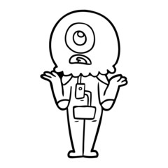 cartoon cyclops alien spaceman shrugging shoulders
