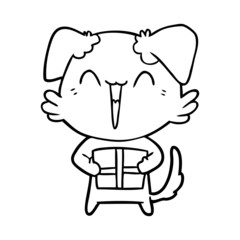happy little cartoon dog with present