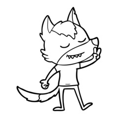 friendly cartoon wolf making peace sign