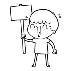 laughing cartoon man waving placard