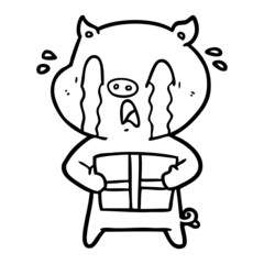 crying pig cartoon delivering christmas present