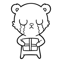 crying cartoon bear with present