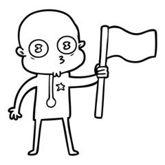 cartoon weird bald spaceman with flag