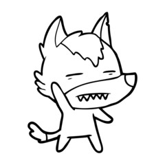 cartoon wolf waving showing teeth