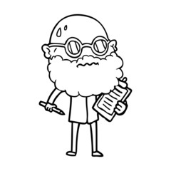 cartoon worried man with beard and sunglasses taking survey