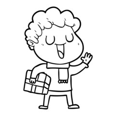 laughing cartoon man with present