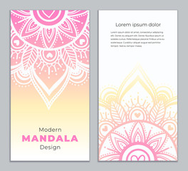 Abstract mandala banner design. Vector creative illustration with oriental boho elements. Pastel color theme flyers template.