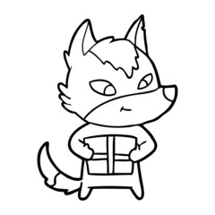friendly cartoon wolf with gift