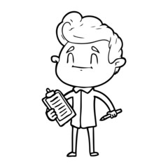 happy cartoon man with pen and clipboard