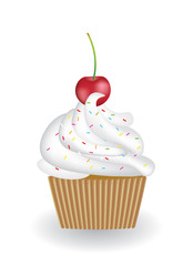 Cupcake with cherry on white background, vector