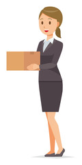 A business woman in a suit has a cardboard box