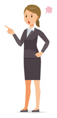 A business woman in a suit is angrily pointing to a finger