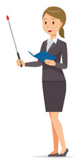 A business woman in a suit has an instruction stick
