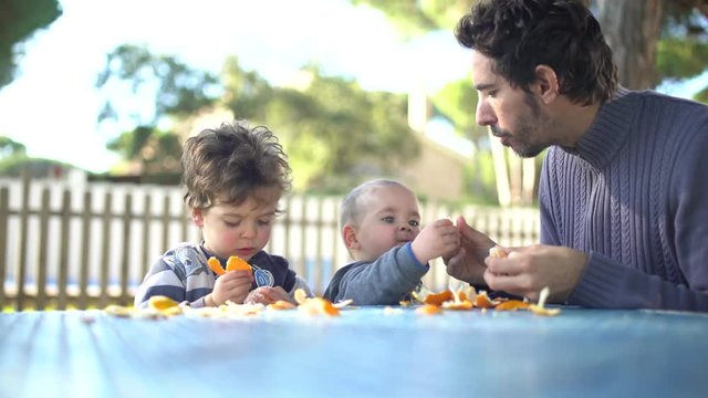 A father with two little sons peeling and eating tangerines in the garden