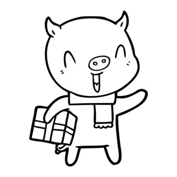 happy cartoon pig with xmas present