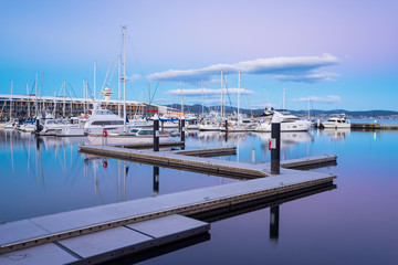 Fototapeta na wymiar Sunset at the pier, Constitution Dock in Hobart, Tasmania, Australia.