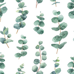 Aquarel vector naadloze patroon met zilveren dollar eucalyptus bladeren en takken.
