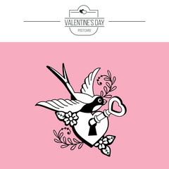 A symbol of love. Heart with a key and a bird. Vector illustration in retro style. Isolated on white background. On Valentine's Da