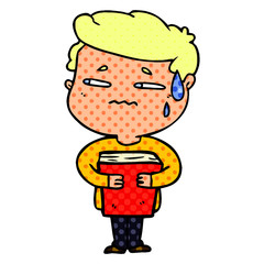 cartoon anxious boy carrying book