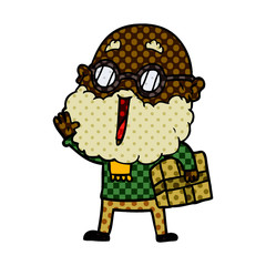 cartoon joyful man with beard and parcel under arm