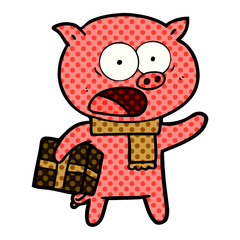 cartoon pig with christmas present
