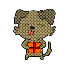 cartoon dog with christmas present