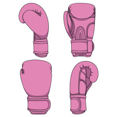 Set of illustrations with pink boxing gloves. Isolated colorful vector objects on white.