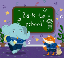 Cute funny animal students in the calssroom, back to school concept, elephant and fox pupil animals in school uniform vector Illustration
